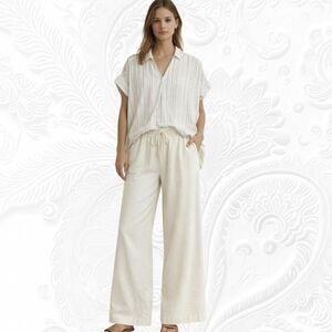 Denver Hayes Women's Stripped Short Sleeve V-Neck Relaxed Button Up Shirt, Small